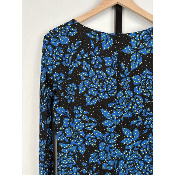 Diane von Furstenberg Silk Blend Blue Floral Print Long Sleeve Dress 6 V-Neck - Picture 6 of 9